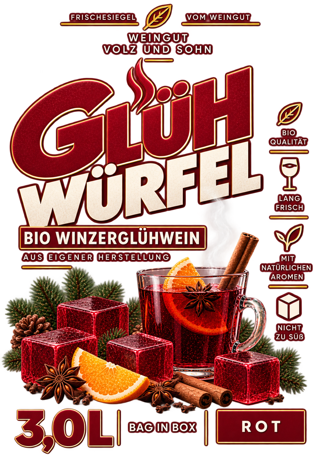 Originaletikett des GLÜHWÜRFEL Rot