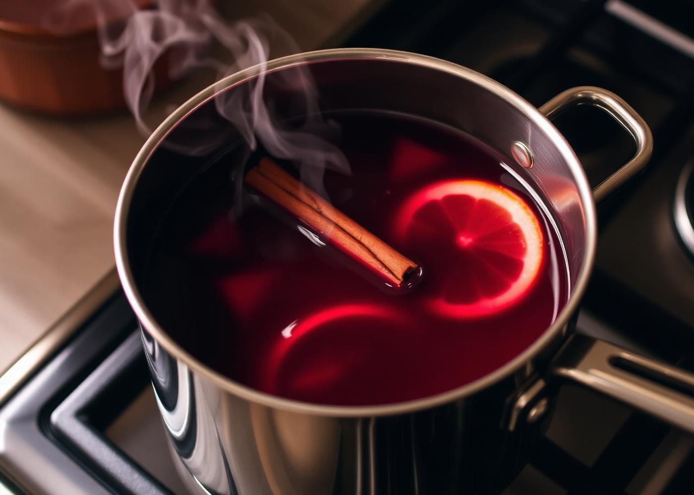 Glühwein wird in einem Edelstahltopf langsam erwärmt