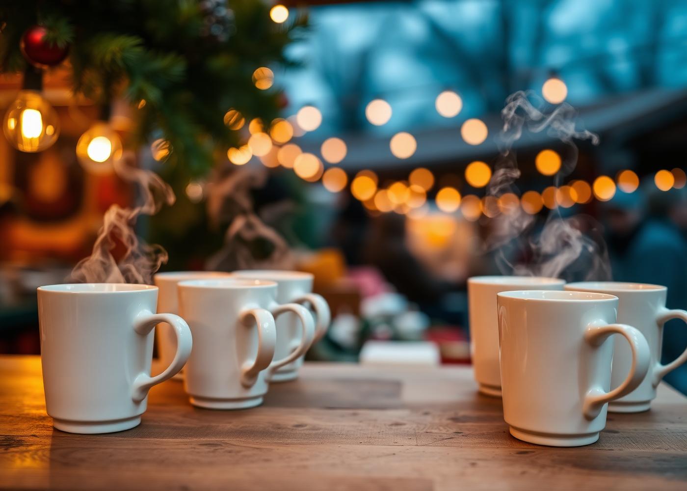 Ausschank von Glühwein in Keramikbechern auf einem Weihnachtsmarkt